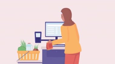 Animasyon self-servis mağazada. Yiyecek alıyorum. Beyaz arka planda alfa kanalı şeffaflığı olan tam vücut düz insan. Animasyon için renkli çizgi film stili HD video görüntüleri
