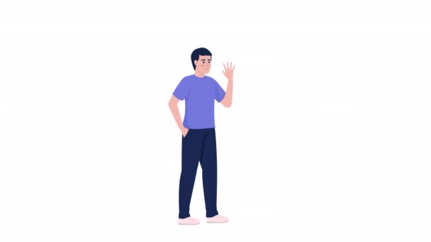 アニメの男性キャラクターが手を振る 若い男が挨拶する ジェスチャー アルファチャンネル透過性を持つ白い背景に完全なボディフラット人 アニメーションのためのカラフルな漫画スタイルのHdビデオ映像 — ストック動画