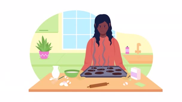 Κινούμενη Απογοητευμένη Γυναίκα Looped Επίπεδη Χαρακτήρα Βίντεο Καμένα Cookies Πολύχρωμα — Αρχείο Βίντεο