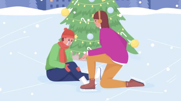 动漫男孩溜冰场滑倒了 在圣诞树附近的冰上降落 膝盖受伤了以城市为背景的平面色彩2D卡通人物动画 带有Alpha通道的Hd视频 — 图库视频影像