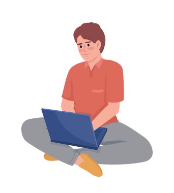 Uzaklık çalışan yarı düz renk vektör karakteri. Düzenlenebilir figür. Beyazın üzerinde tam vücut insan. Uzaktan çalışma. Çevrimiçi eğitim web grafik tasarımı ve animasyonu için basit çizgi film stili çizimi