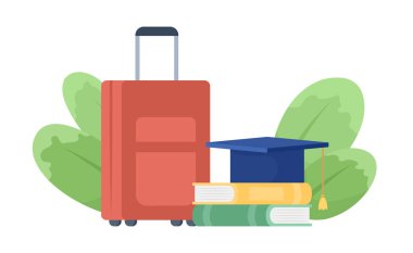 Yarı düz renk vektör nesneleri çalışmak için seyahat edin. Düzenlenebilir öge. Beyazın üzerindeki madde. Yabancı mezuniyet. Uluslararası eğitim web grafik tasarımı ve animasyonu için basit çizgi film stili çizimi