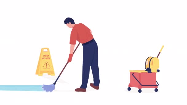 Animated School Cleaner Janitor Cleaning Floor Hall Full Body Flat — Vídeo de stock