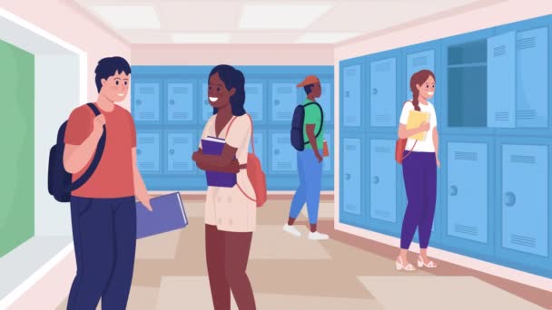 Animated Students School Hallway Classmates Talking Teens Putting Textbooks Cabinets — Stock Video