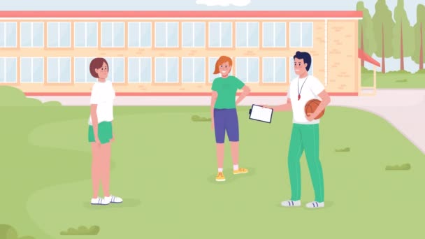 Animated Outdoor Fitness Class Teacher Training Female Students Looped Flat — Stock videók