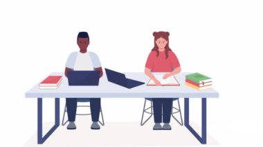 Animasyon işbirlikçi öğrenme. Okulda grup çalışması. Beyaz arka planda, alfa kanalı şeffaflığıyla tam vücut düz insanlar. Animasyon için renkli çizgi film stili HD video görüntüleri