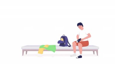 Animasyon çocuk ayakkabılarını değiştiriyor. Beden eğitimi dersi. Soyunma odası. Beyaz arka planda alfa kanalı şeffaflığı olan tam vücut düz insan. Animasyon için renkli çizgi film stili HD video görüntüleri