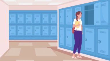 Animasyon kızı kitabı dolaba koyuyor. Okullu kız dolaptan ders kitabını alıyor. Düz renkli, arka planda okul ortamı olan 2D çizgi film karakterleri. Alfa kanallı HD video