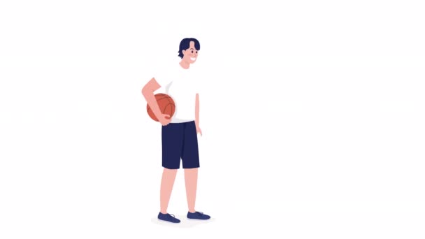 Анимированный Говорящий Мальчик Баскетболом Школьный Спорт Полнотелый Плоский Человек Белом — стоковое видео