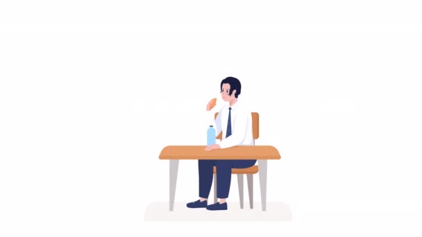 Animated Schoolboy Eating Bread Lunch High School Full Body Flat — Stock Video