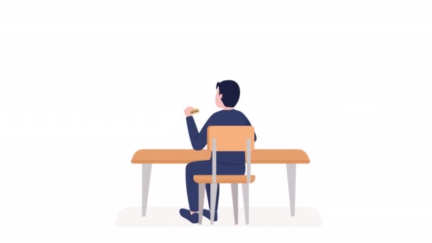Animated Student Eating Sandwich Lunch Break Full Body Flat Person — Vídeo de stock