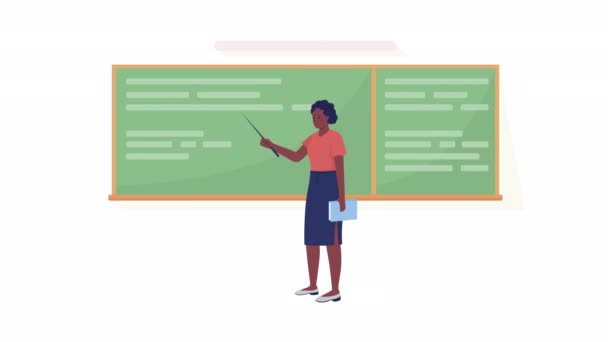 Animated Teacher Board Female Educator Pointing Blackboard Flat Person White — Vídeo de Stock