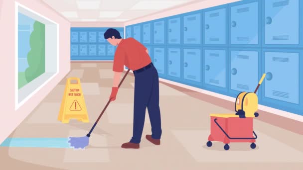 走廊里活跃的学校管理员 走廊里的男性管理员清扫地板 以蓝色储物柜为背景的平面彩色2D卡通人物动画 带有Alpha通道的Hd视频 — 图库视频影像