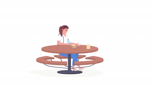 Animated Relaxing Lunch School Cafeteria Full Body Flat Person White — Stock Video