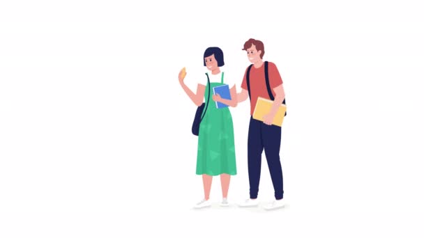 Animated Couple Lunchtime Eating Snacks Talking Full Body Flat People — Stock Video
