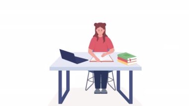 Animasyon öğrencisi ev ödevi yapıyor. Laptop sınıfta. Beyaz arka planda alfa kanalı şeffaflığı olan tam vücut düz insan. Animasyon için renkli çizgi film stili HD video görüntüleri