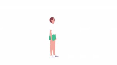 Animasyon ergen kız ısınıyor. Sağlıklı bir yaşam tarzı. Beyaz arka planda alfa kanalı şeffaflığı olan tam vücut düz insan. Animasyon için renkli çizgi film stili HD video görüntüleri