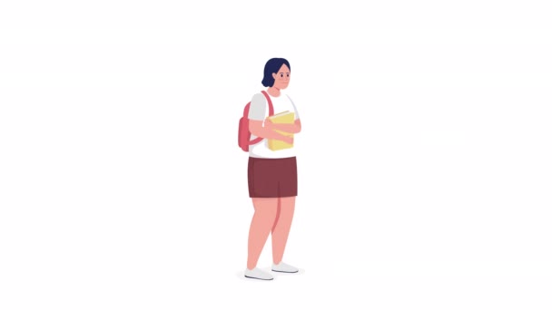 Animated Curvy Teenager Book Nodding Schoolgirl Full Body Flat Person — Wideo stockowe
