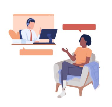 Müşteri, merkezi ajan yarı düz renk vektör karakterleriyle rahatça konuşabilir. Düzenlenebilir figürler. Beyazın üstüne tüm vücudu olan insanlar. Web grafik tasarımı ve animasyonu için basit çizgi film stili çizimi