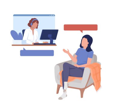 Çağrı merkezi ajanı yarı düz renk vektör karakterlerine danışmanlık yapan kadın istemci. Düzenlenebilir figürler. Beyazın üstüne tüm vücudu olan insanlar. Web grafik tasarımı ve animasyonu için basit çizgi film stili çizimi