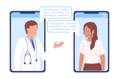 Terapist düz konsept vektör illüstrasyonuyla seyahat. Doktorla internet toplantısı. Web tasarımı için beyaz üzerine düzenlenebilir 2D çizgi film karakterleri. Web sitesi, mobil, sunum için yaratıcı fikir