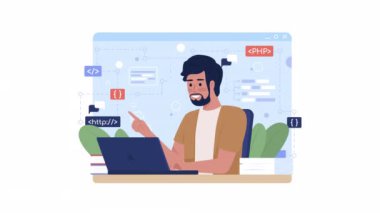 Animated online coding course. Programming language. Loop flat 2D character HD video footage. Colorful isolated animation on white background with alpha channel transparency for website, social media