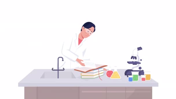 Animated Chemistry Experiment Boy Reading Book Lab Full Body Flat — Stock Video