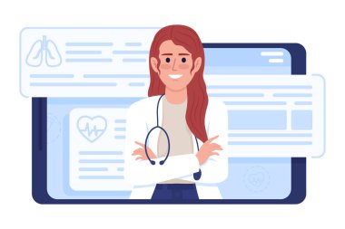 Tablet düz konsept vektör çizimi terapisti. Online danışmanlık. Web tasarımı için beyaz üzerine düzenlenebilir 2D çizgi film karakterleri. Web sitesi, cep telefonu, sunum için kadın doktor yaratıcı fikir