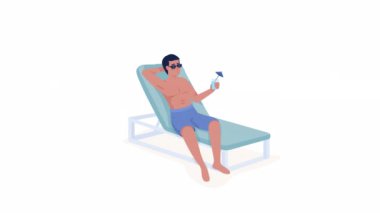 Animated chilling tanned man. Carefree guy with cocktail. Full body flat person on white background with alpha channel transparency. Colorful cartoon style HD video footage of character for animation
