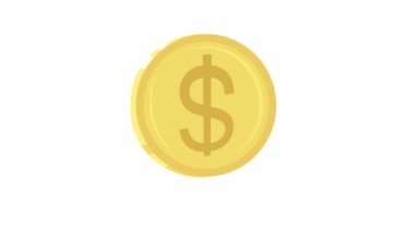 Animated shining golden coin. Gold dollar. Finance management. Flat cartoon style element HD video footage. Color illustration on white background with alpha channel transparency for animation