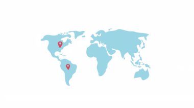 Animated world map with pins. Travel destinations. Geography. Flat cartoon style element HD video footage. Color illustration on white background with alpha channel transparency for animation