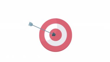 Animated archery target. Achieving goal. Arrow hitting in center. Flat cartoon style element HD video footage. Color illustration on white background with alpha channel transparency for animation