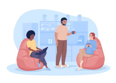 Employee break room 2D vector isolated illustration. Colleagues drinking coffee and communicating flat characters on cartoon background. Colorful editable scene for mobile, website, presentation