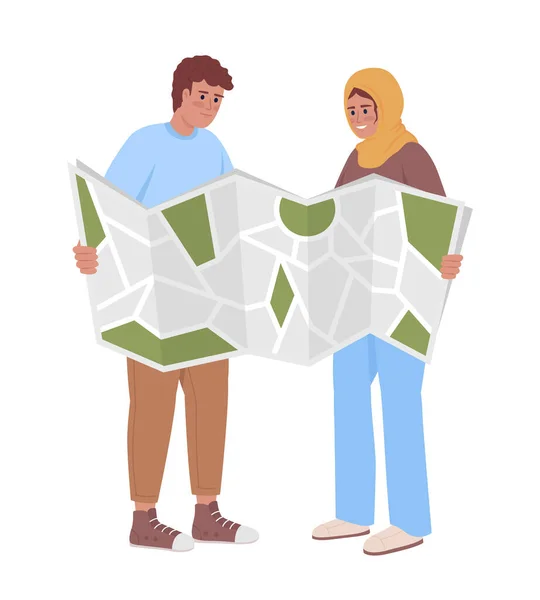 Student Couple Planning Route Semi Flat Color Vector Characters Editable — Stok Vektör