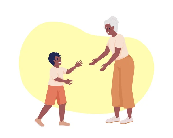 おばあちゃんの2Dベクトル絶縁イラストとの結合 祖母は漫画の背景に孫のフラット文字に手を伸ばしています モバイル ウェブサイト プレゼンテーションのためのカラフルな編集可能なシーン — ストックベクタ
