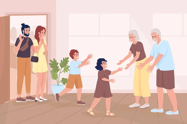 Family Meeting Flat Color Vector Illustration Bonding Grandkids Visiting Grandparents — Stockvektor