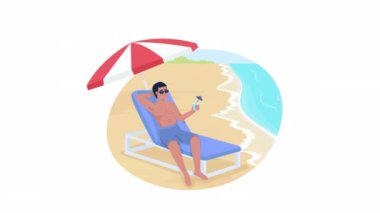 Animated man sunbathing on beach. Summer leisure. Looped flat 2D character HD video footage. Colorful isolated animation on white background with alpha channel transparency for website, social media