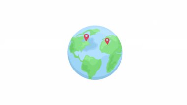 Animated earth with red pins. Round-the-world trip. Traveling. Flat cartoon style element HD video footage. Color illustration on white background with alpha channel transparency for animation