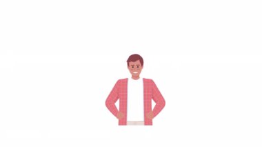 Animated man talking about progress. Half body flat person with speech bubble on white background with alpha channel transparency. Colorful cartoon style HD video footage of character for animation