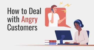 Dealing with angry customers flat vector banner template. Handle difficult clients in call center poster, leaflet printable color designs. Editable flyer page with text space. Oswald Regular font used