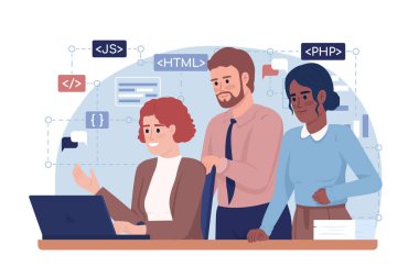 Successful developers teamwork 2D vector isolated illustration. Team collaboration flat characters on cartoon background. Colorful editable scene for mobile, website, presentation. Comfortaa font used