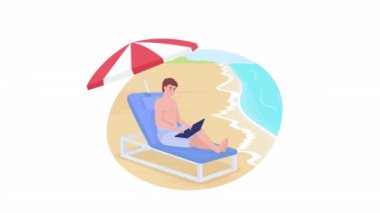 Animated freelancer on beach. Working near sea. Looped flat 2D character 4K video footage. Colorful isolated animation on white background with alpha channel transparency for website, social media