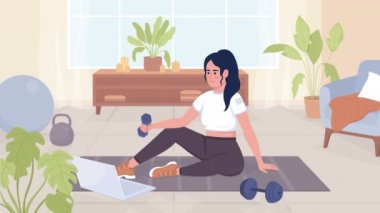 Animated effective workout routine. Woman doing exercises for arms. Looped flat color 2D cartoon character animation with living apartment interior on background. 4K video with alpha channel