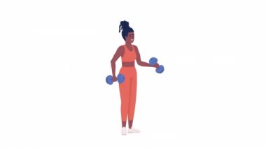 Animated woman posing with dumbbells. Gym visit. Full body flat person on white background with alpha channel transparency. Colorful cartoon style HD video footage of character for animation