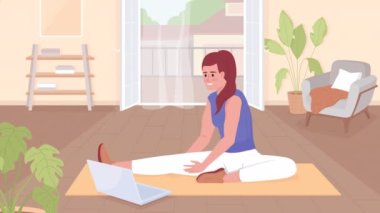 Animated exercising at home. Lady doing stretching with video lesson. Looped flat color 2D cartoon character animation with living apartment interior on background. HD video with alpha channel