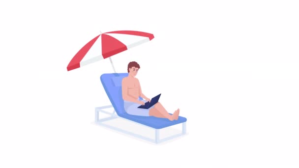 Animated Man Laptop Lounger Sitting Umbrella Full Body Flat Person — Stock Video