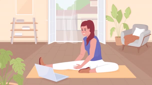 Animated Exercising Home Lady Doing Stretching Video Lesson Looped Flat — Stockvideo