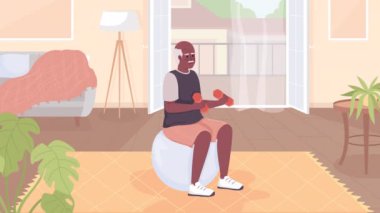 Animated home workout for senior. Old man training with dumbbells and ball. Looped flat color 2D cartoon character animation with living apartment interior on background. HD video with alpha channel