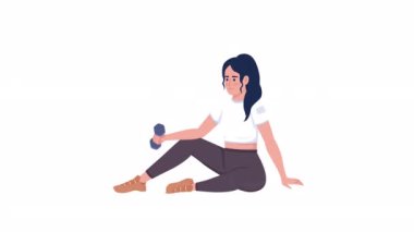 Animated athletic girl with dumbbell. Physical activity. Full body flat person on white background with alpha channel transparency. Colorful cartoon style HD video footage of character for animation