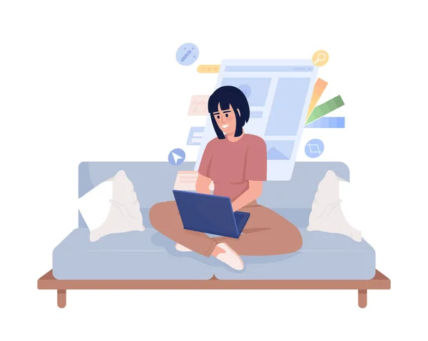 Female Graphic Designer Sitting Couch Semi Flat Color Vector Character — Stok Vektör